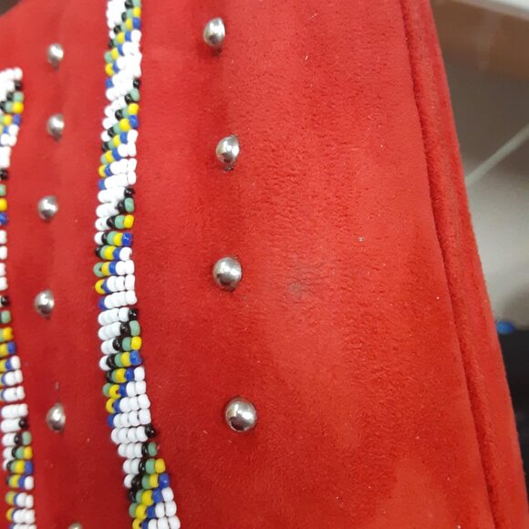 Vintage Ladies Red Suede Hand beaded drawstring bag Southwestern - Picture 9 of 12